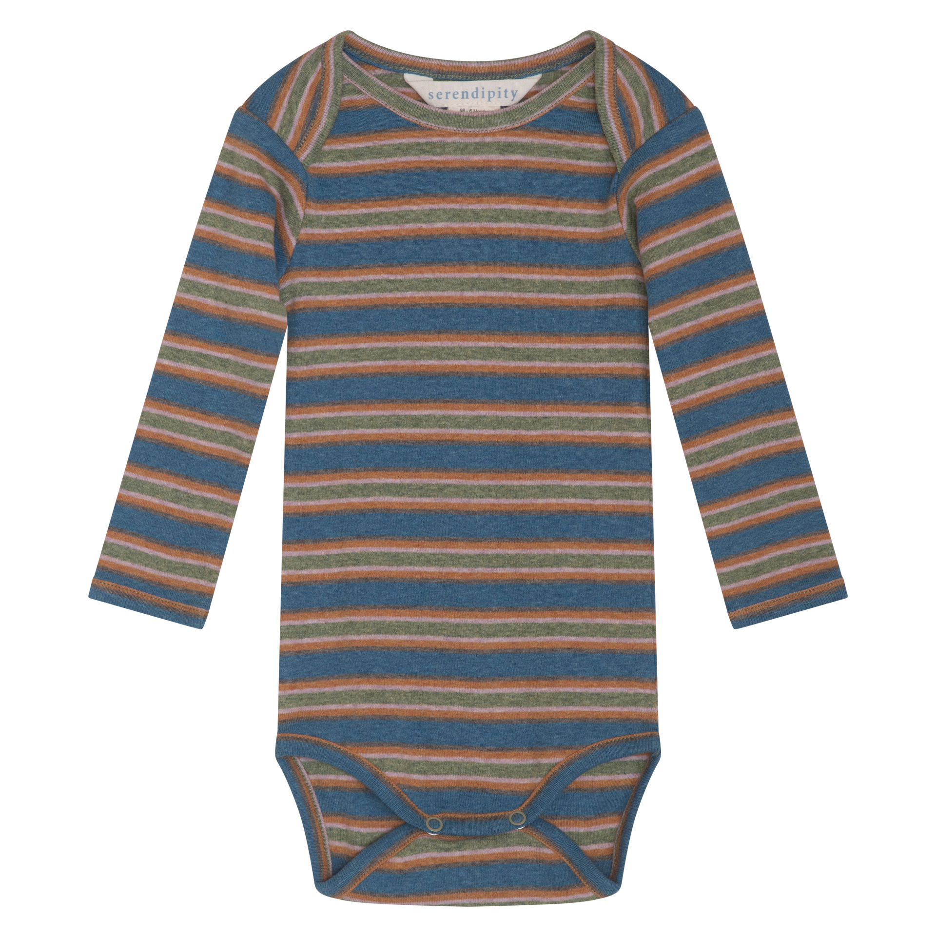 A long-sleeve baby bodysuit with horizontal stripes in blue, rust orange, and olive green, featuring a white brand label at the neck.