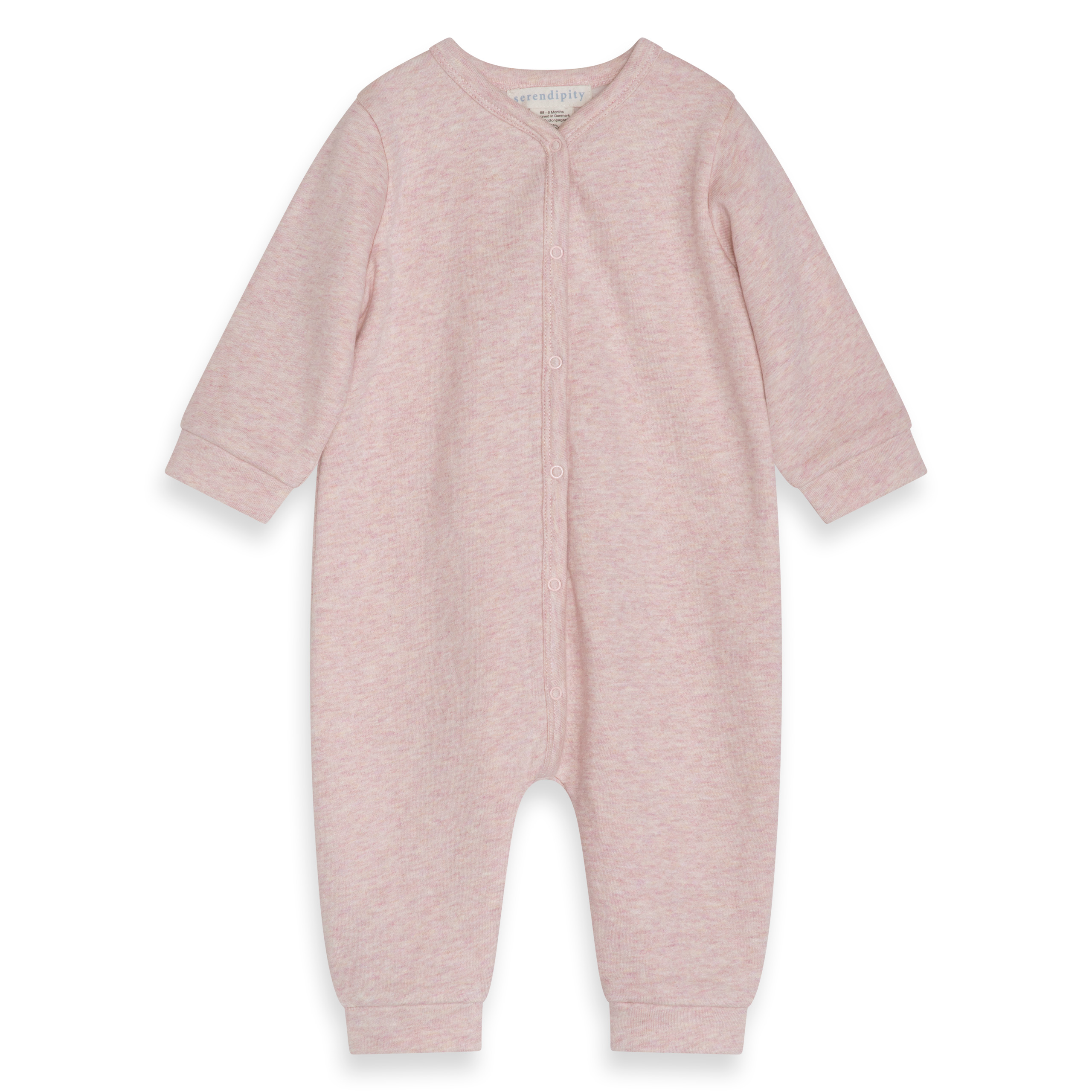 A pink heather long-sleeve baby footless one-piece romper with a snap button closure, shown flat against a white background.