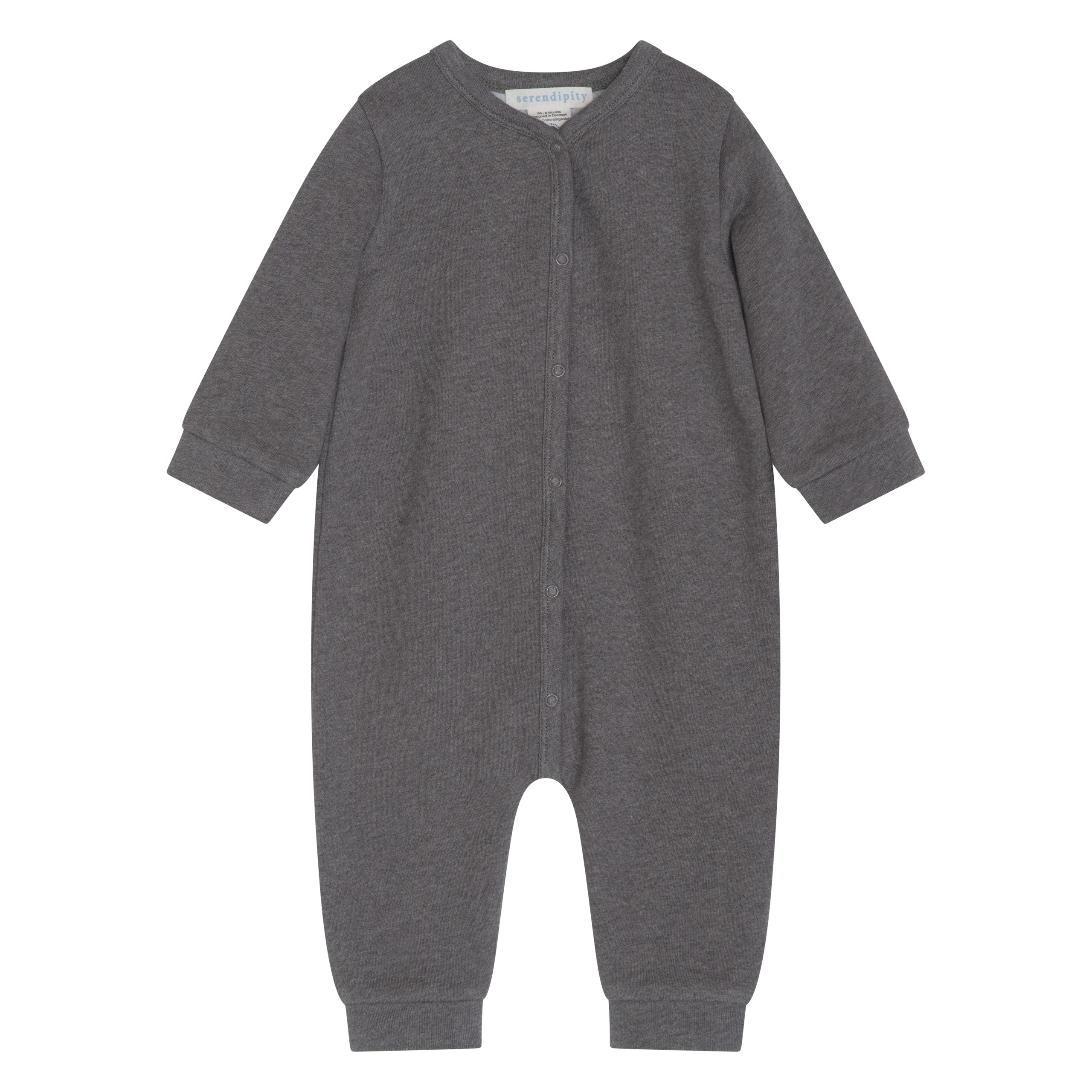 A dark gray brown heather long-sleeve baby footless one-piece romper with a snap button closure, shown flat against a white background.
