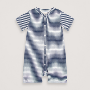 Blue and white striped baby romper on a light gray background