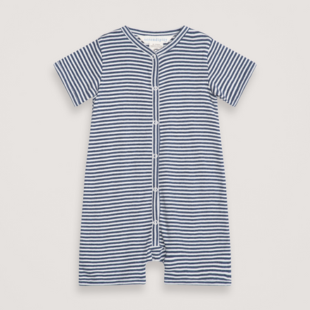 Blue and white striped baby romper on a light gray background