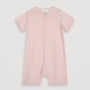 Pink and white striped baby romper on a light gray background