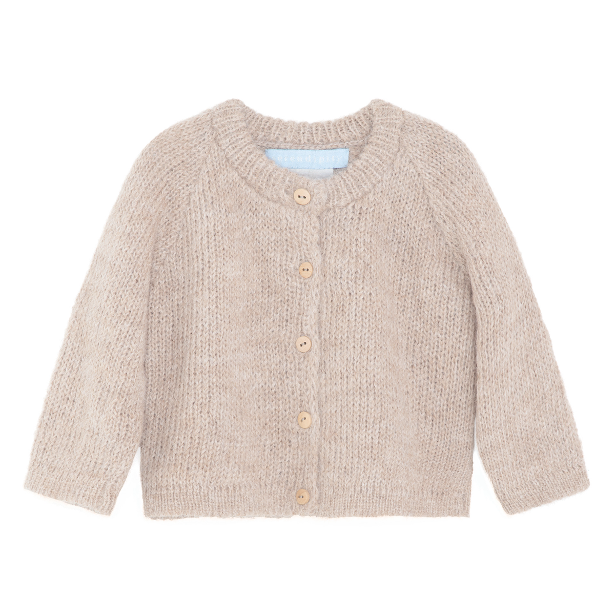 A light beige knit cardigan sweater with wooden buttons, shown flat against a solid white background.