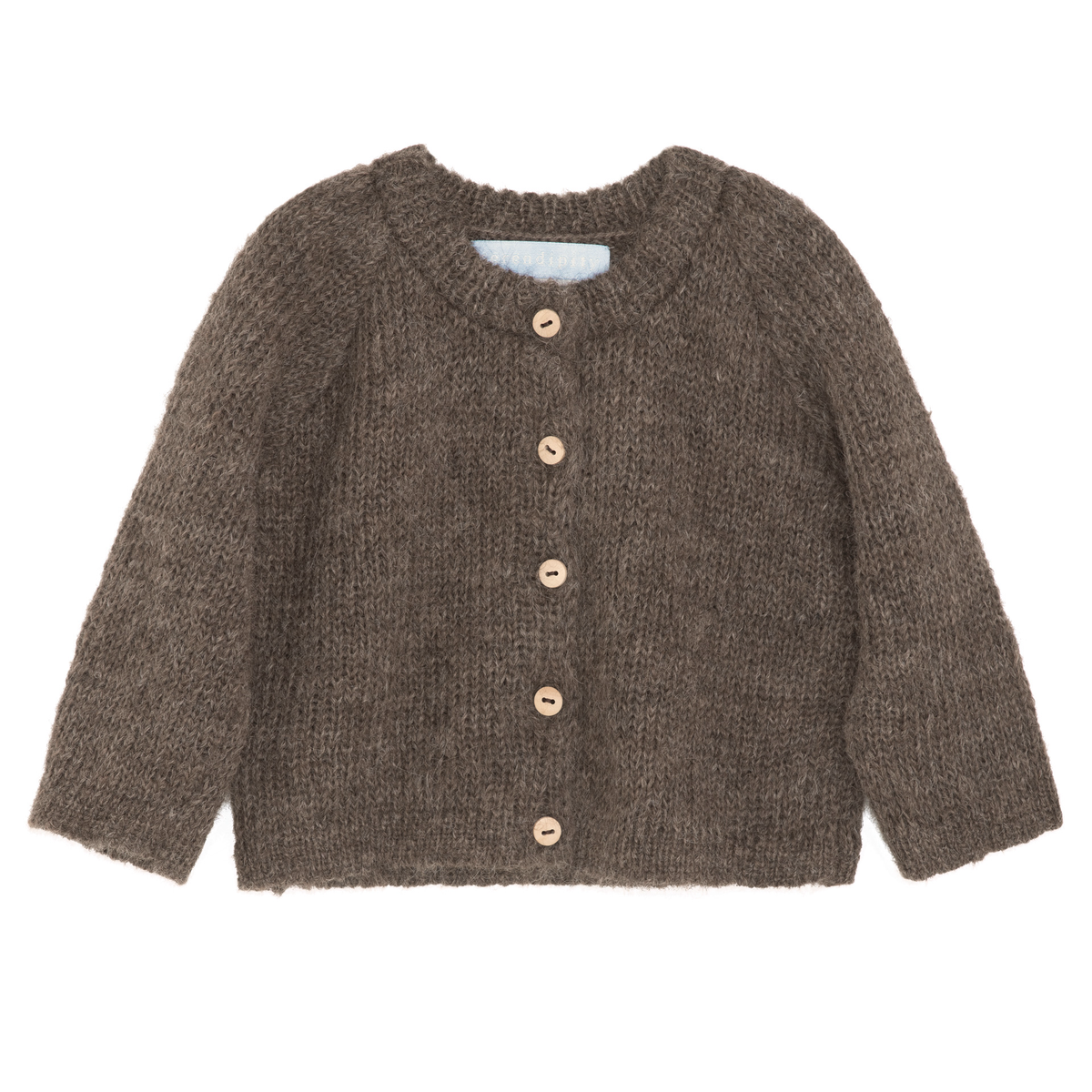 A dark brown textured knit cardigan sweater with a button-up front, featuring five light brown wooden buttons, laid flat on a white background.