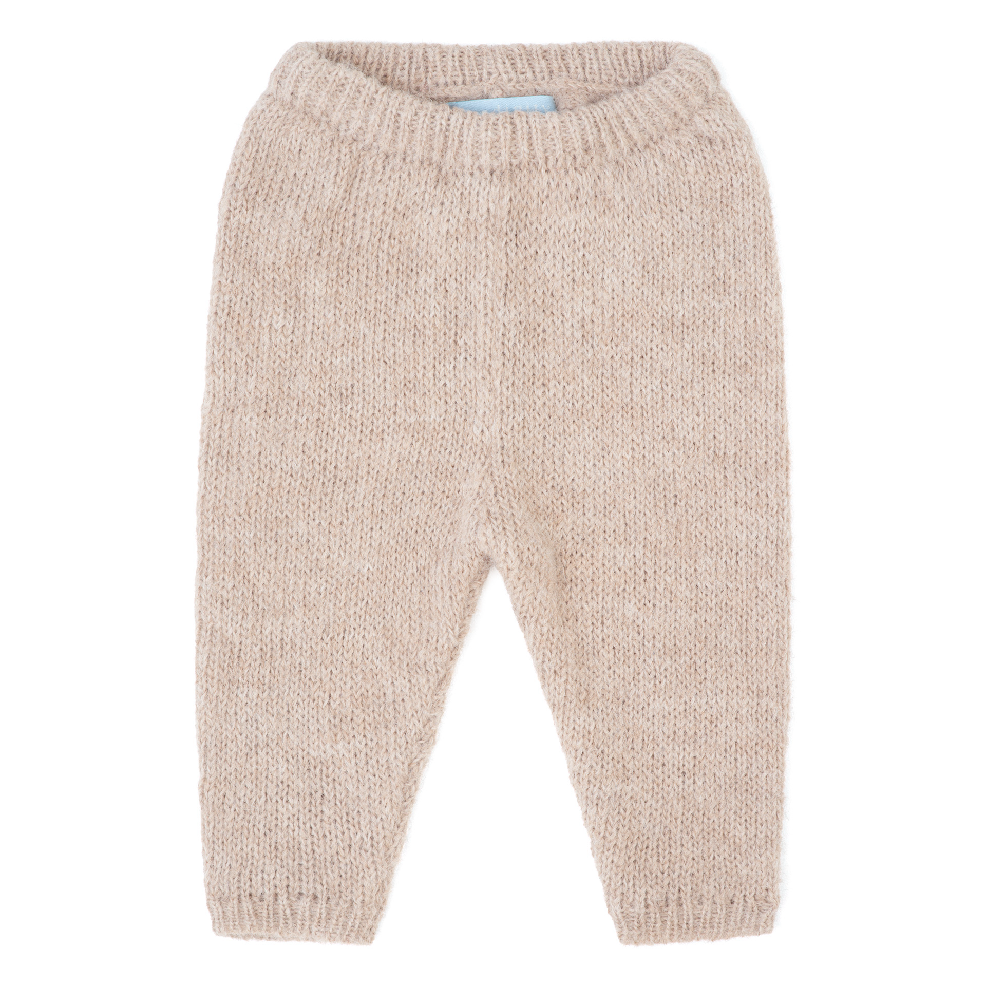 A pair of beige knit baby pants with a ribbed waistband and ankle cuffs, shown flat on a white background.