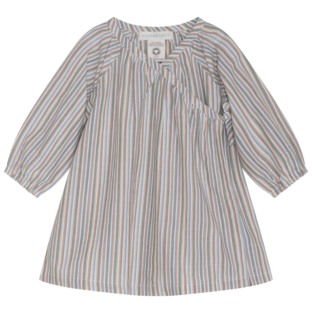 A long-sleeve striped wrap dress, featuring vertical stripes in beige, blue, and brown tones, laid flat against a white background.