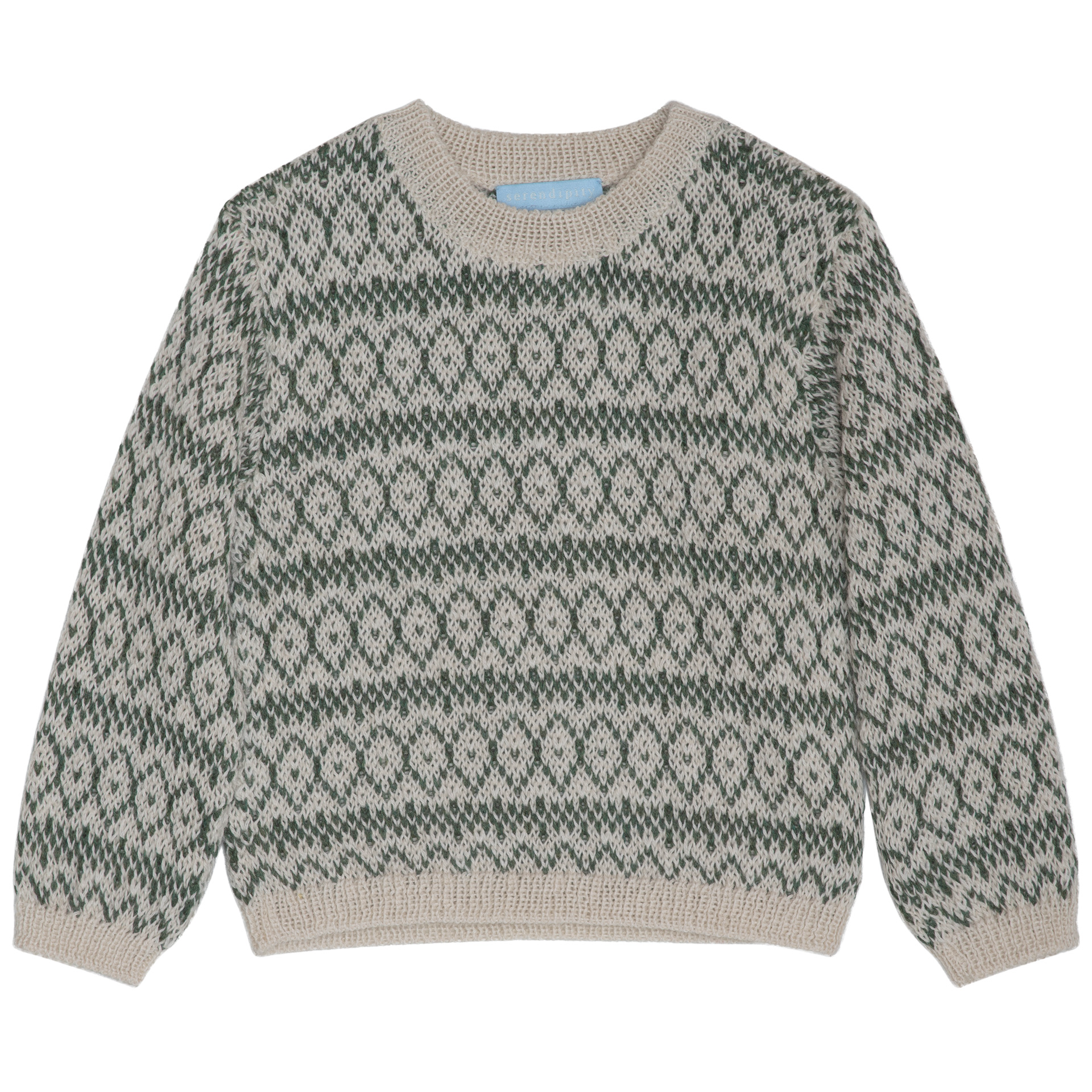 A knit crewneck sweater with a green and beige geometric fair isle pattern, displayed flat against a white background.