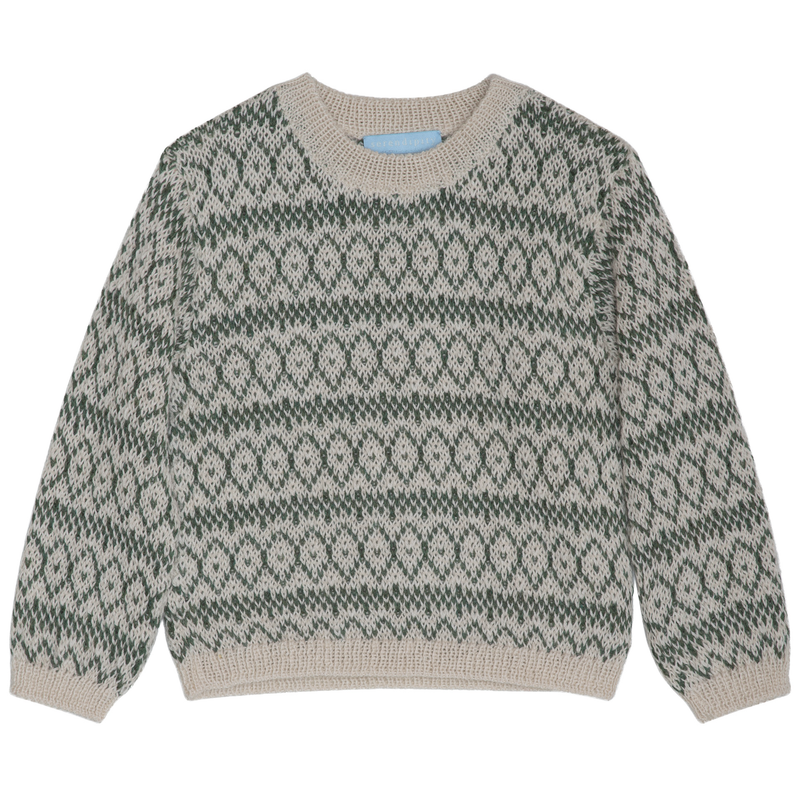 A knit crewneck sweater with a green and beige geometric fair isle pattern, displayed flat against a white background.