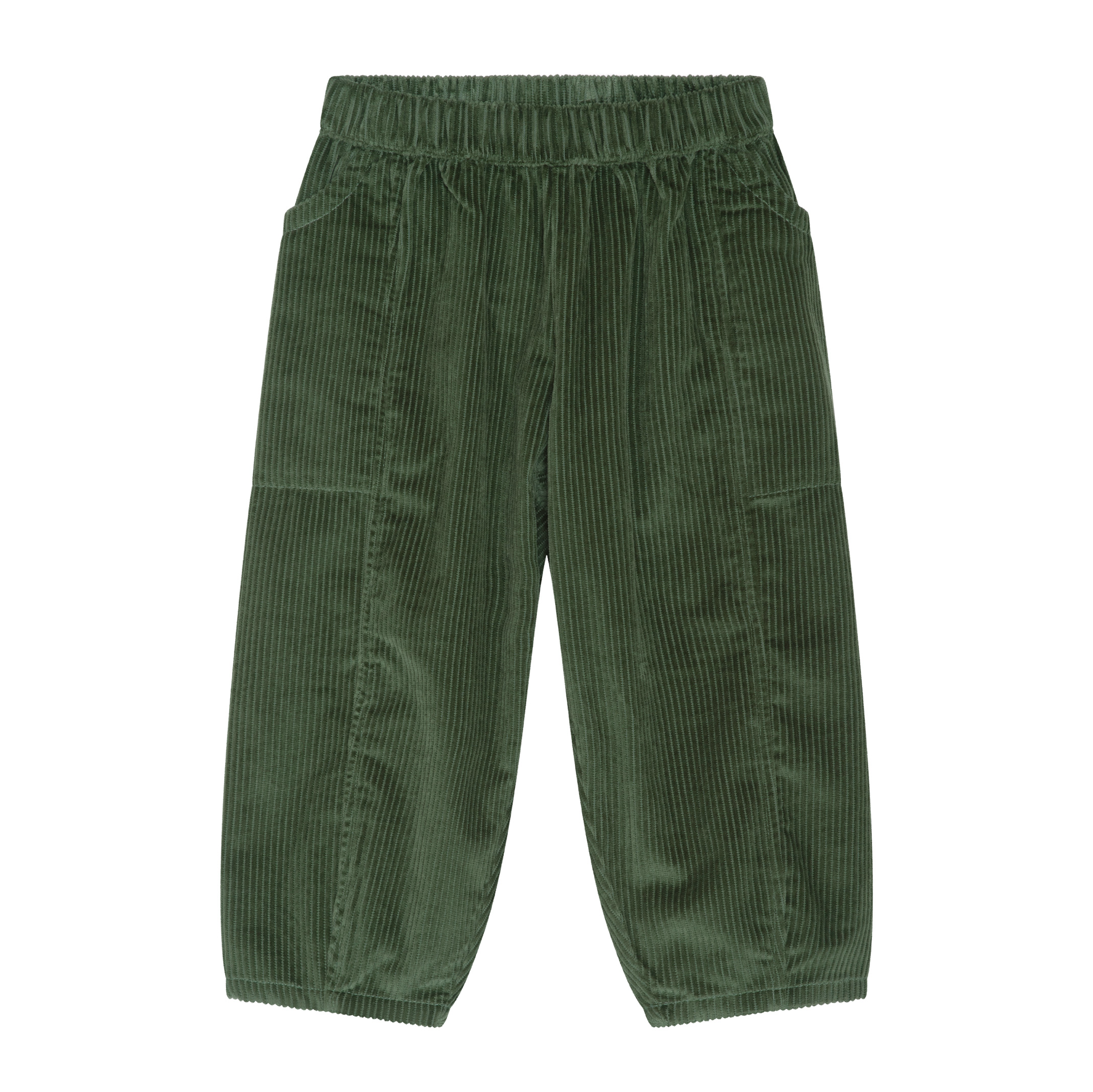 Green corduroy pants with an elastic waistband and side pockets, shown flat against a white background.