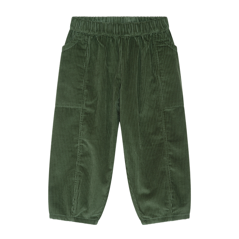 Green corduroy pants with an elastic waistband and side pockets, shown flat against a white background.