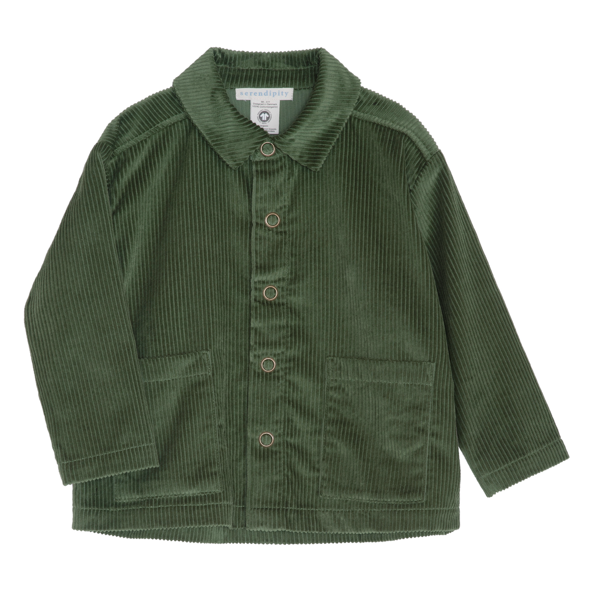 A green corduroy jacket for kids, featuring a button-up front, a pointed collar, and two front patch pockets, laid flat on a white background.
