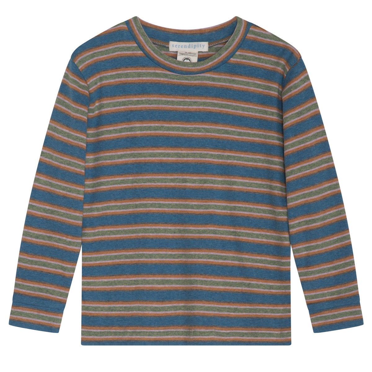 A long-sleeve crewneck knit top with horizontal stripes in blue, rust orange, and olive green, displayed flat against a white background.