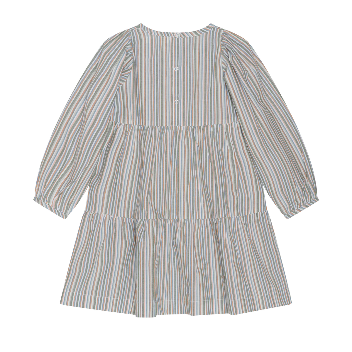 A long-sleeve tiered dress with vertical stripes in muted blue, beige, and brown tones, shown from the back against a plain white background.