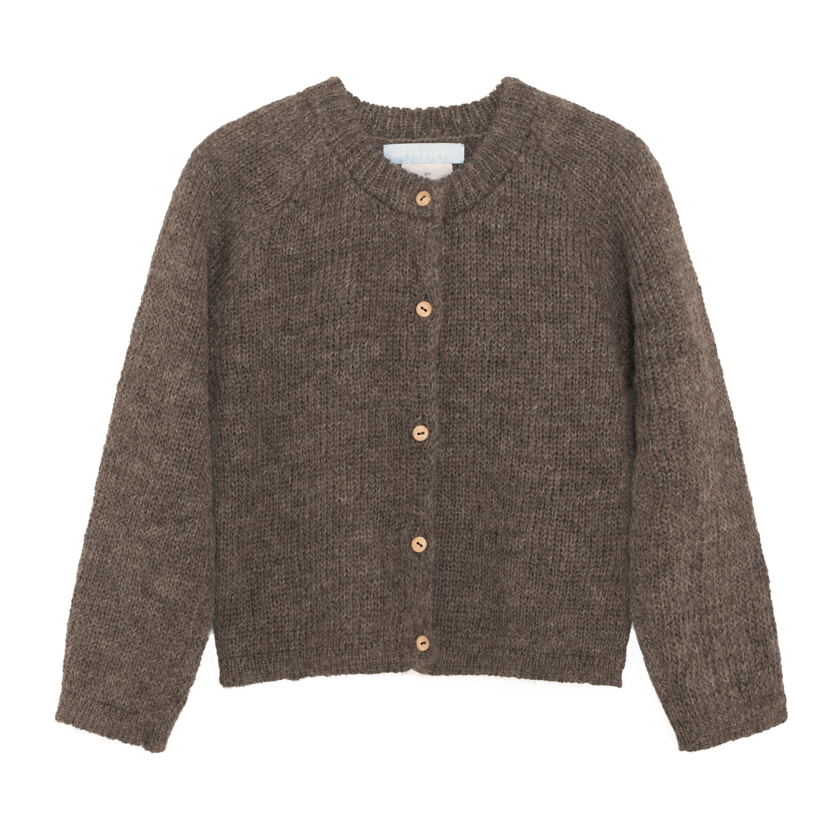 A brown textured knit cardigan sweater with a round neckline and four light brown buttons, shown flat against a white background.