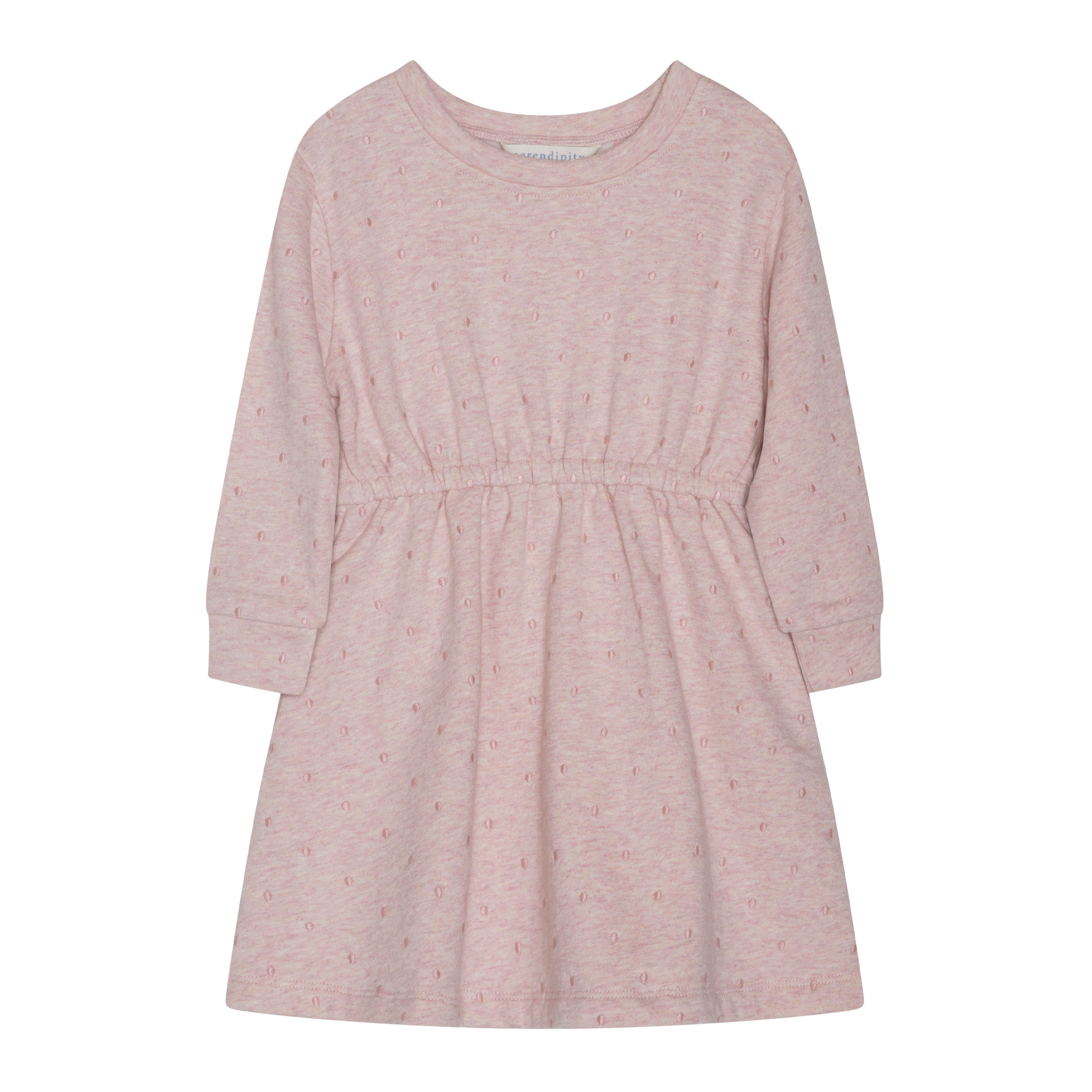 A light pink long-sleeve dress for toddlers, featuring a subtle all-over pattern of small embroidered letters and a gathered elastic waist, shown against a plain white background.