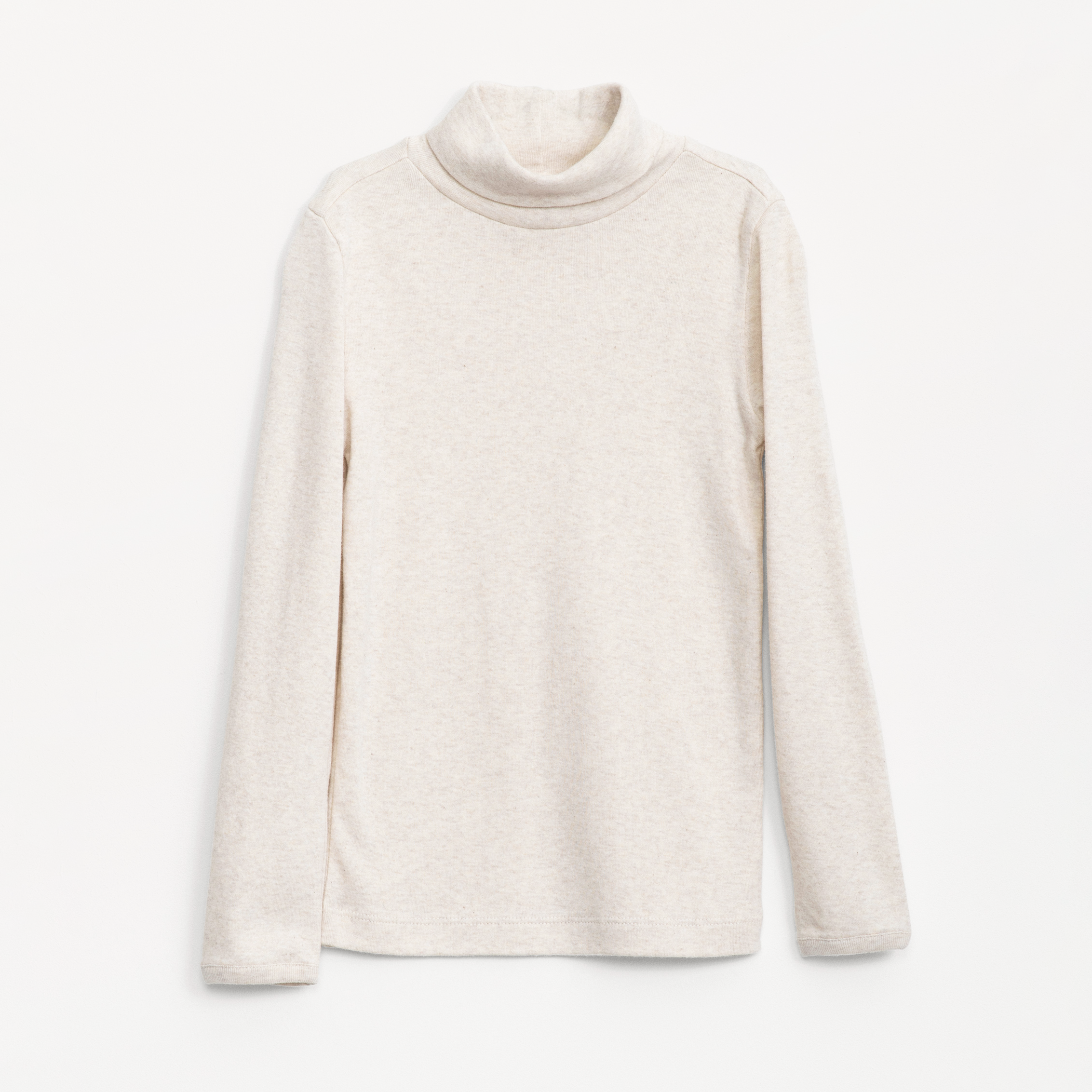 A light beige heathered knit turtleneck sweater with long sleeves, displayed flat against a clean white background.