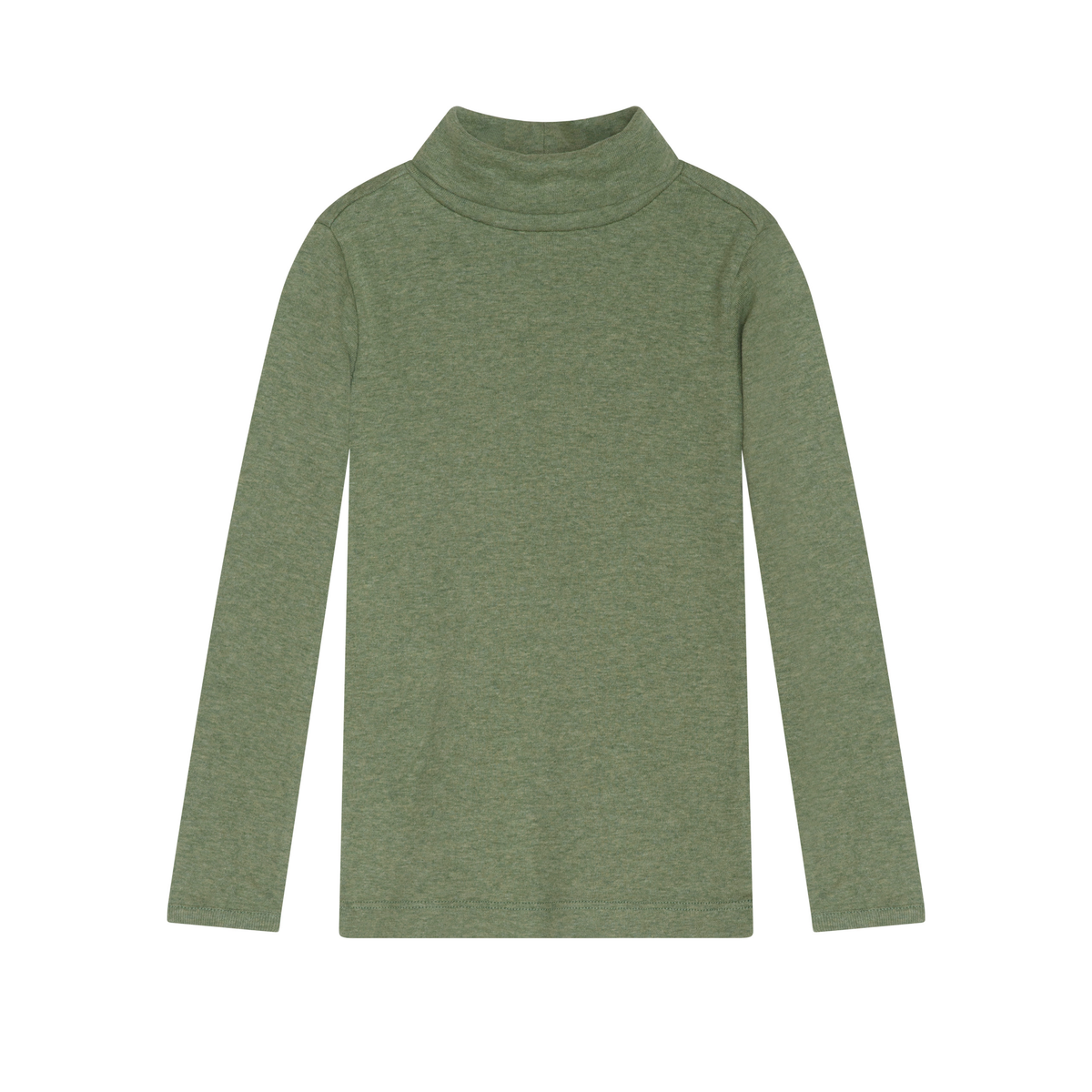 A long-sleeve knit turtleneck sweater in a heathered sage green color, displayed flat against a solid white background.