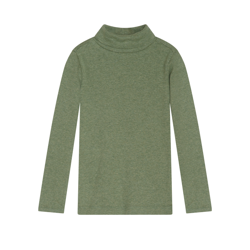 A long-sleeve knit turtleneck sweater in a heathered sage green color, displayed flat against a solid white background.