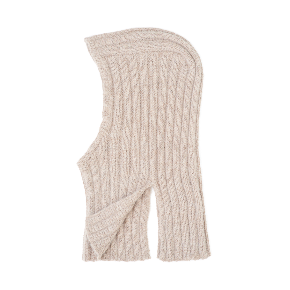 A single ribbed knit balaclava in a light oatmeal beige color, shown against a plain white background.