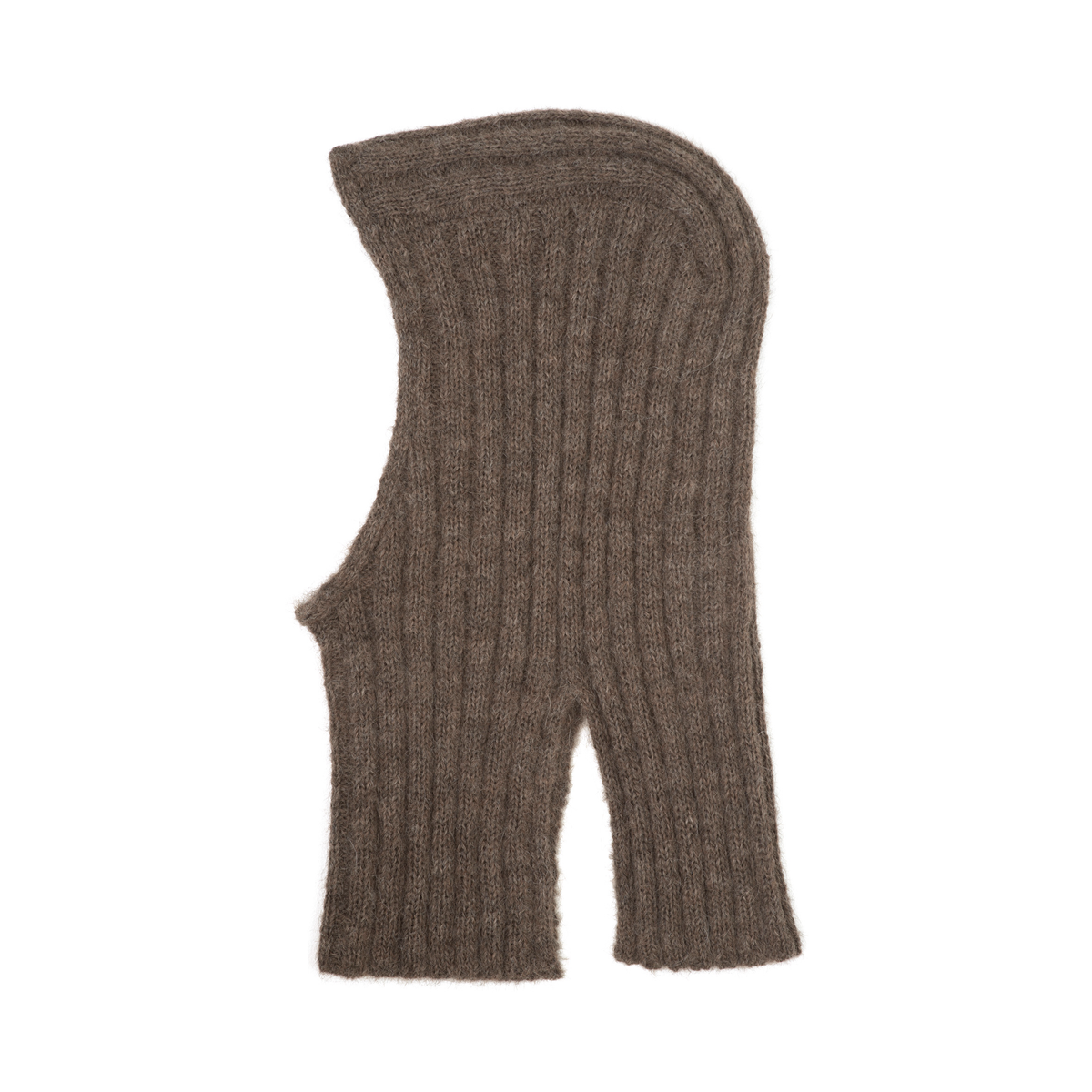 A single ribbed knit balaclava in a warm taupe-brown color, laid flat against a solid white background.