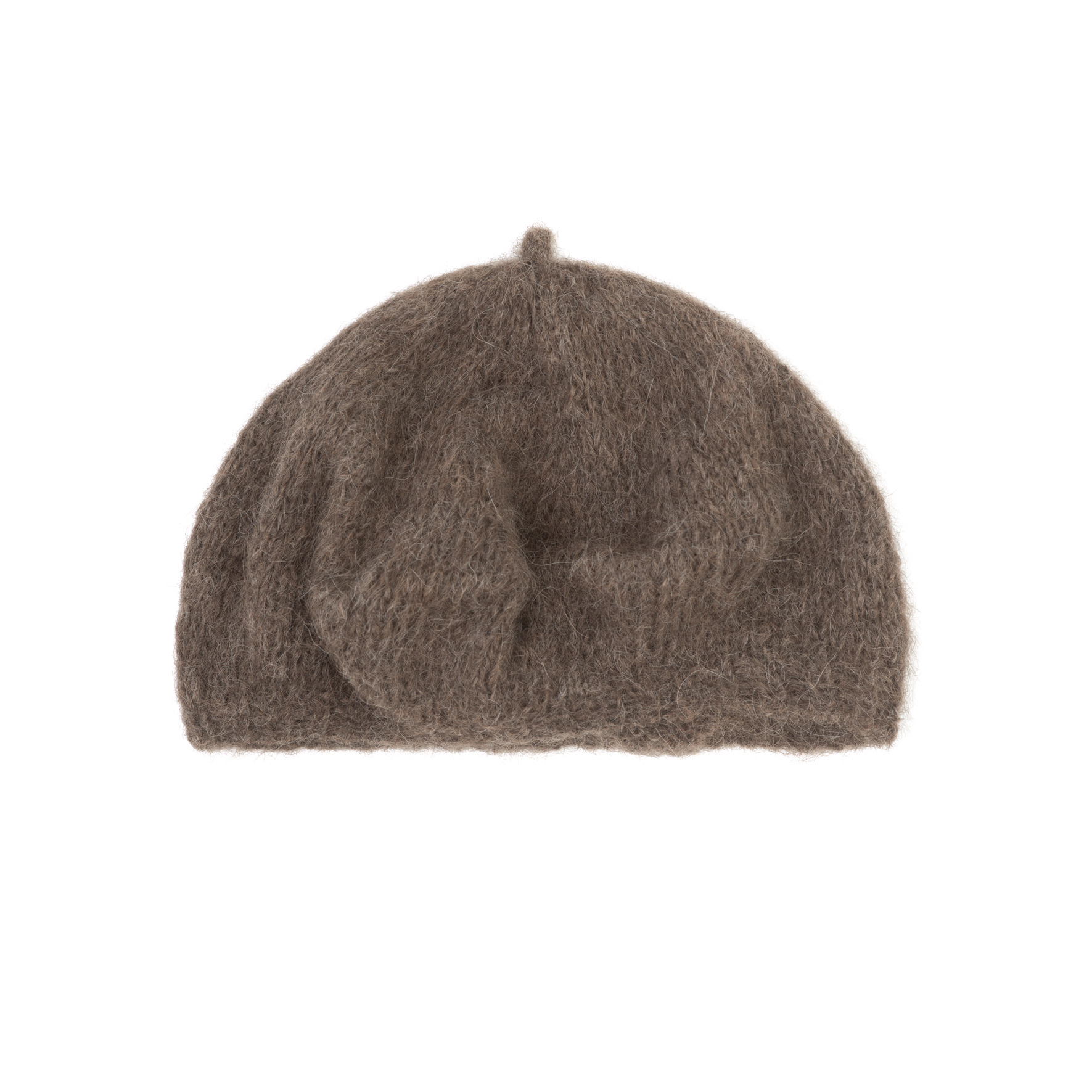 A brown alpaca knit beret hat with a soft, fuzzy texture, photographed against a solid white background.