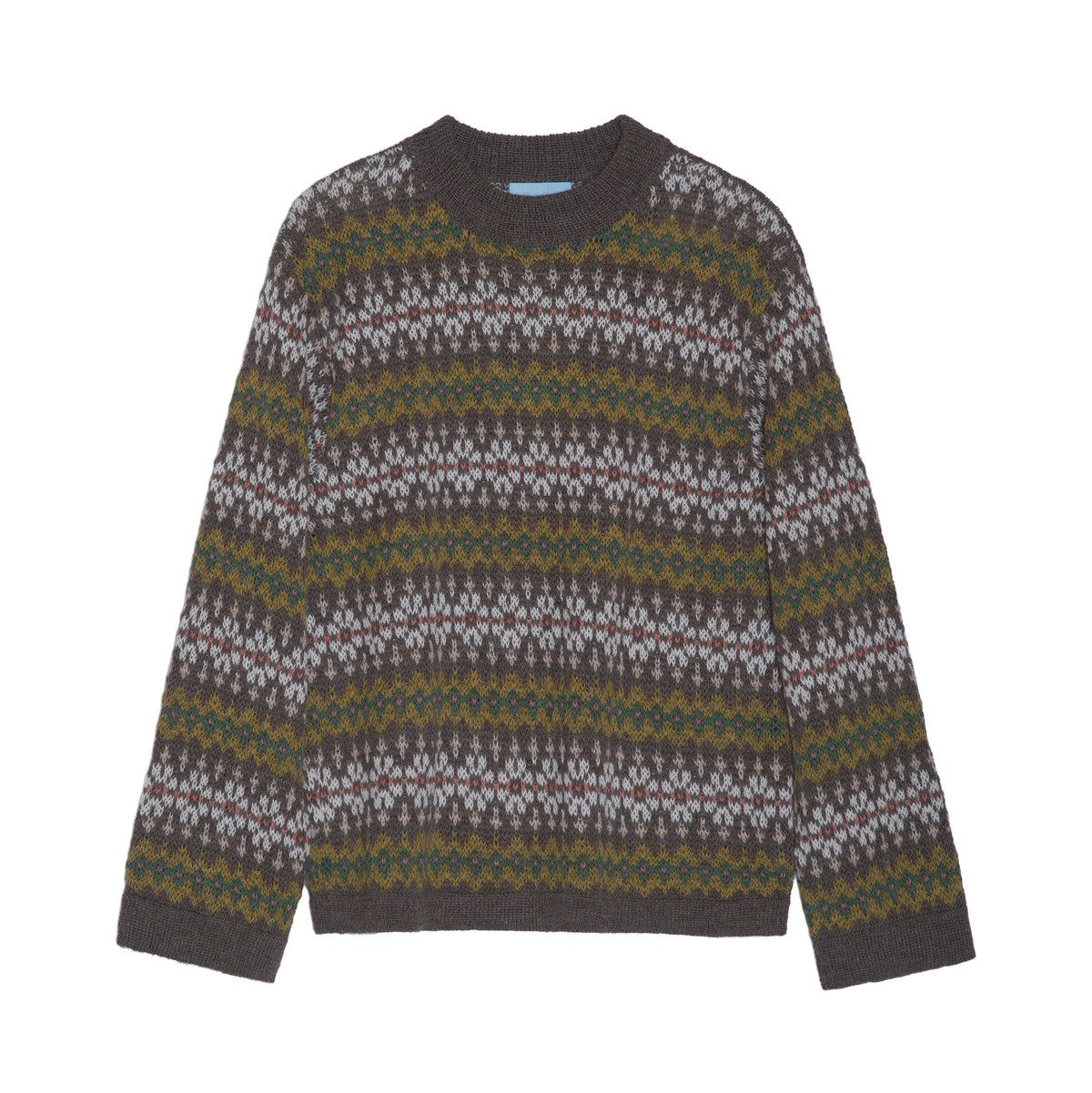 Brown, green, gold, and gray sweater with a geometric pattern on a white background