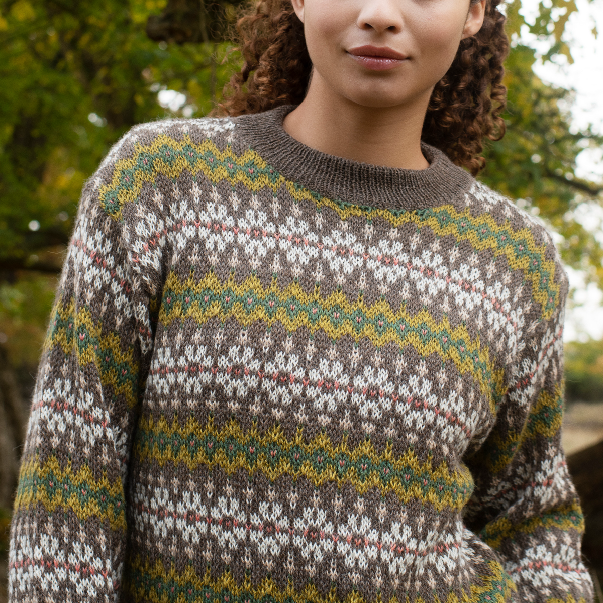 A close-up of a person wearing a knitted crewneck sweater with horizontal Fair Isle style stripes in brown, white, yellow, and muted green, photographed outdoors with blurred trees in the background.
