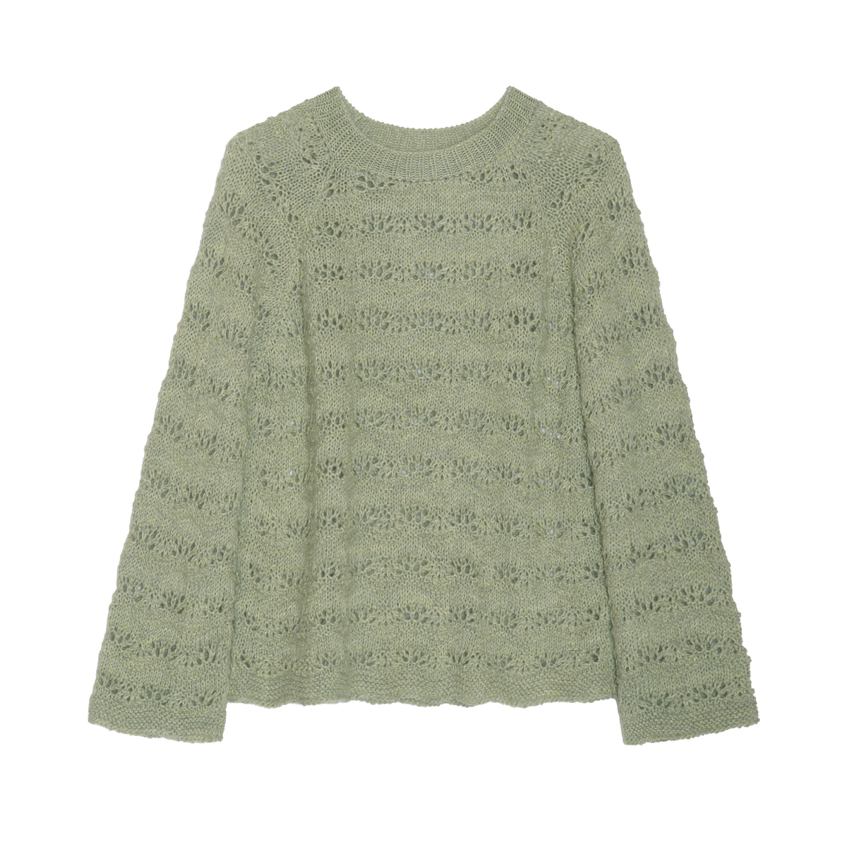 A sage green open-knit crewneck sweater with long sleeves, displayed flat against a solid white background.