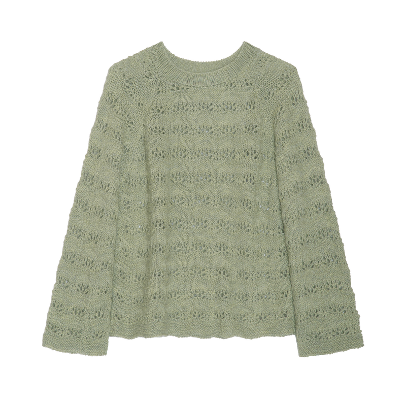 A sage green open-knit crewneck sweater with long sleeves, displayed flat against a solid white background.