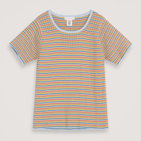 Multicolored striped t-shirt on a light gray background