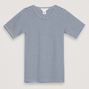 Blue and white striped t-shirt on a light gray background
