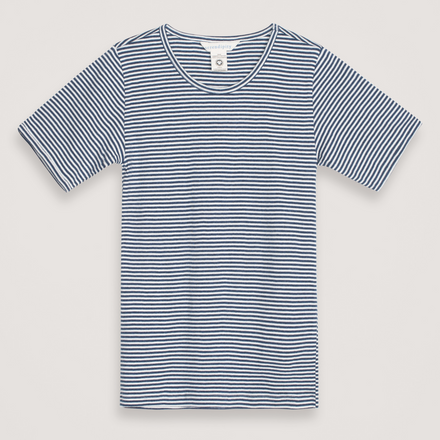 Blue and white striped t-shirt on a light gray background