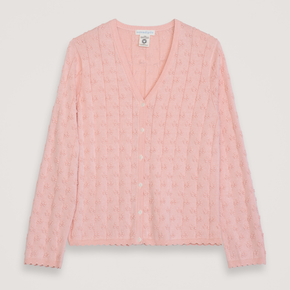 Pink textured cardigan on a light gray background