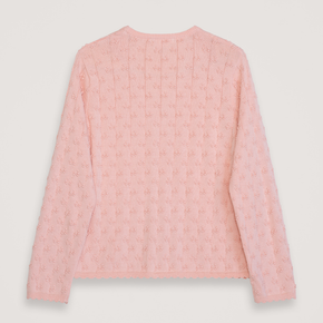 Pink textured long-sleeve sweater on a light gray background