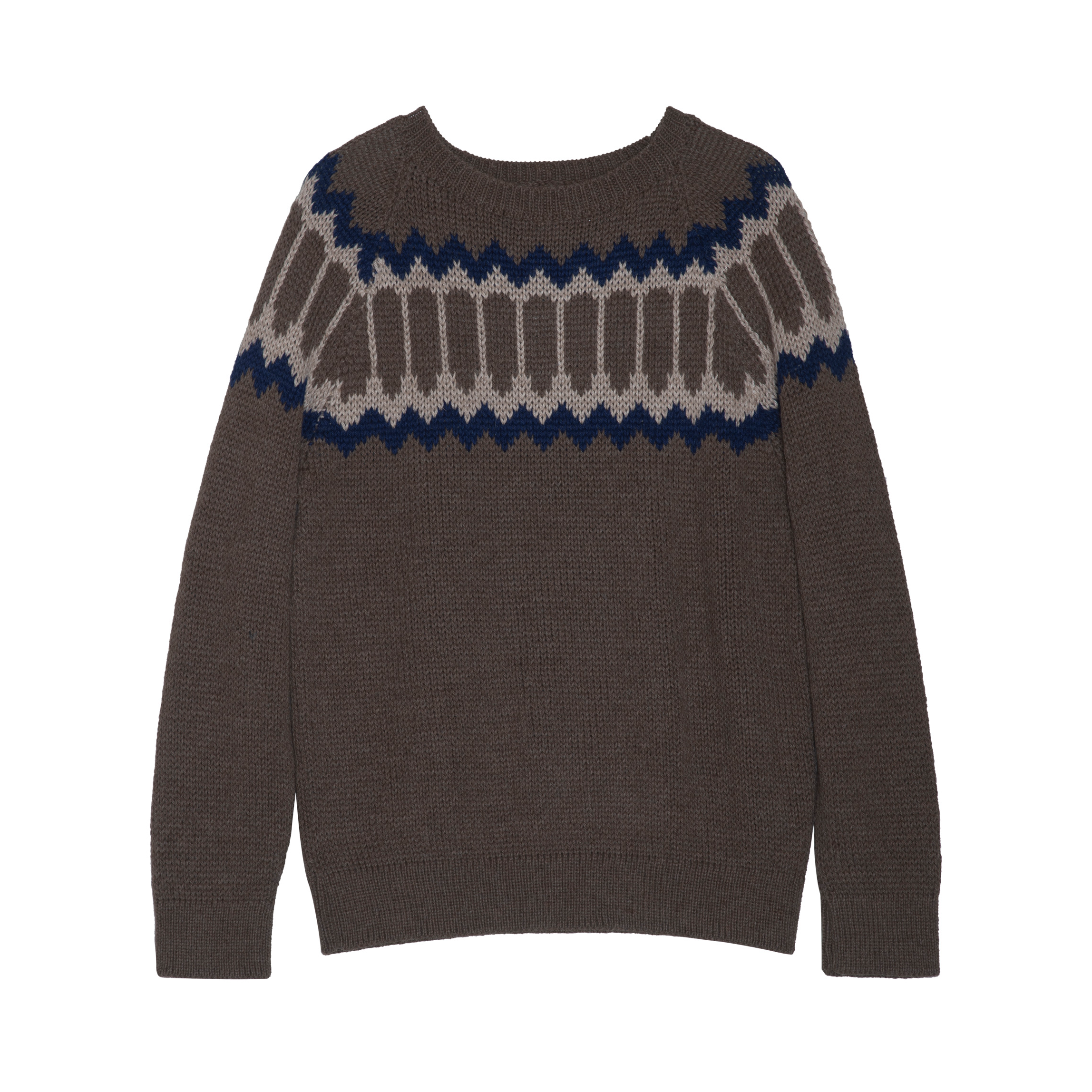 A brown knit sweater with a Fair Isle pattern across the chest in navy blue and beige, shown against a plain white background.