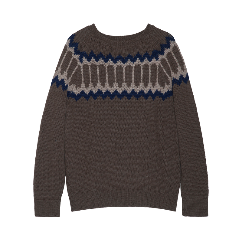 A brown knit sweater with a Fair Isle pattern across the chest in navy blue and beige, shown against a plain white background.