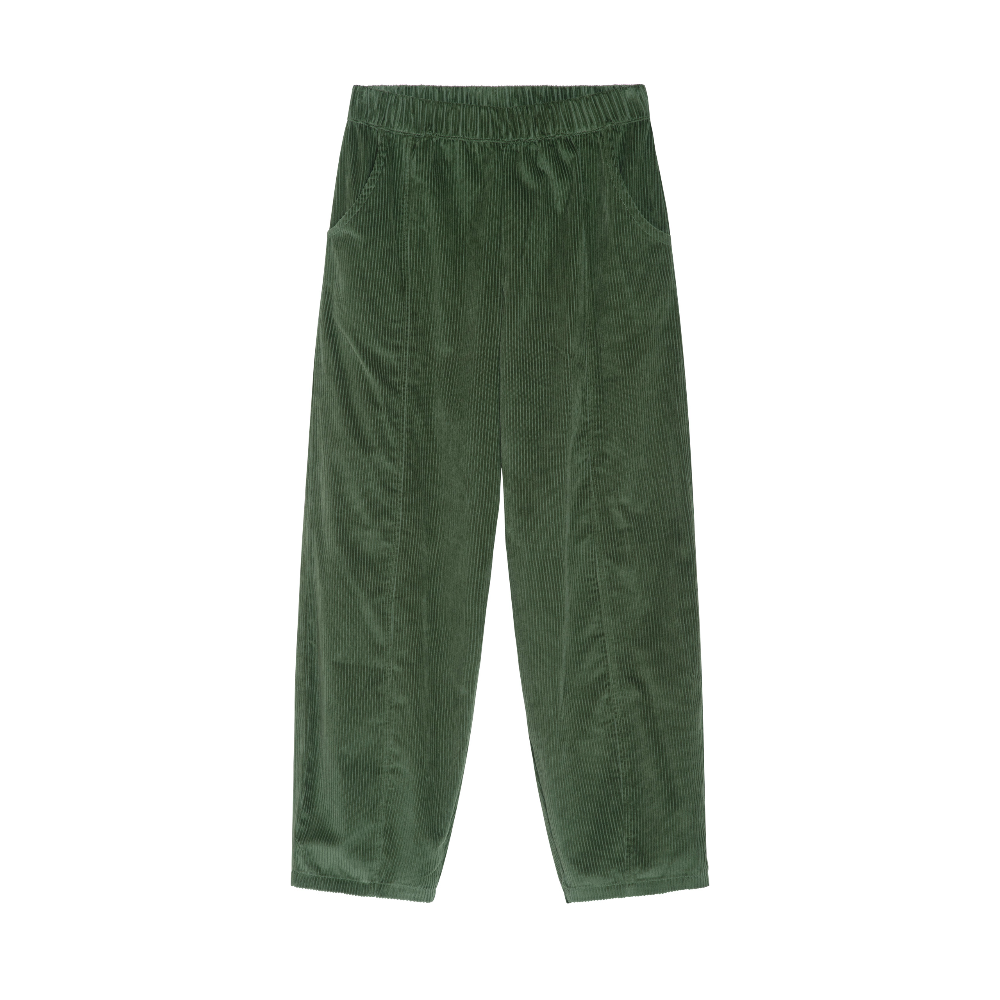 A pair of dark green corduroy pants with an elastic waistband, displayed flat against a solid white background.