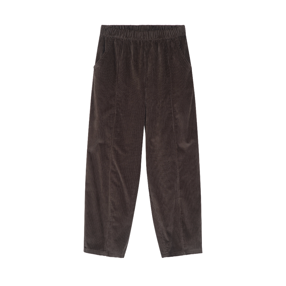 Dark brown corduroy pants with an elastic waistband, displayed flat against a solid white background.