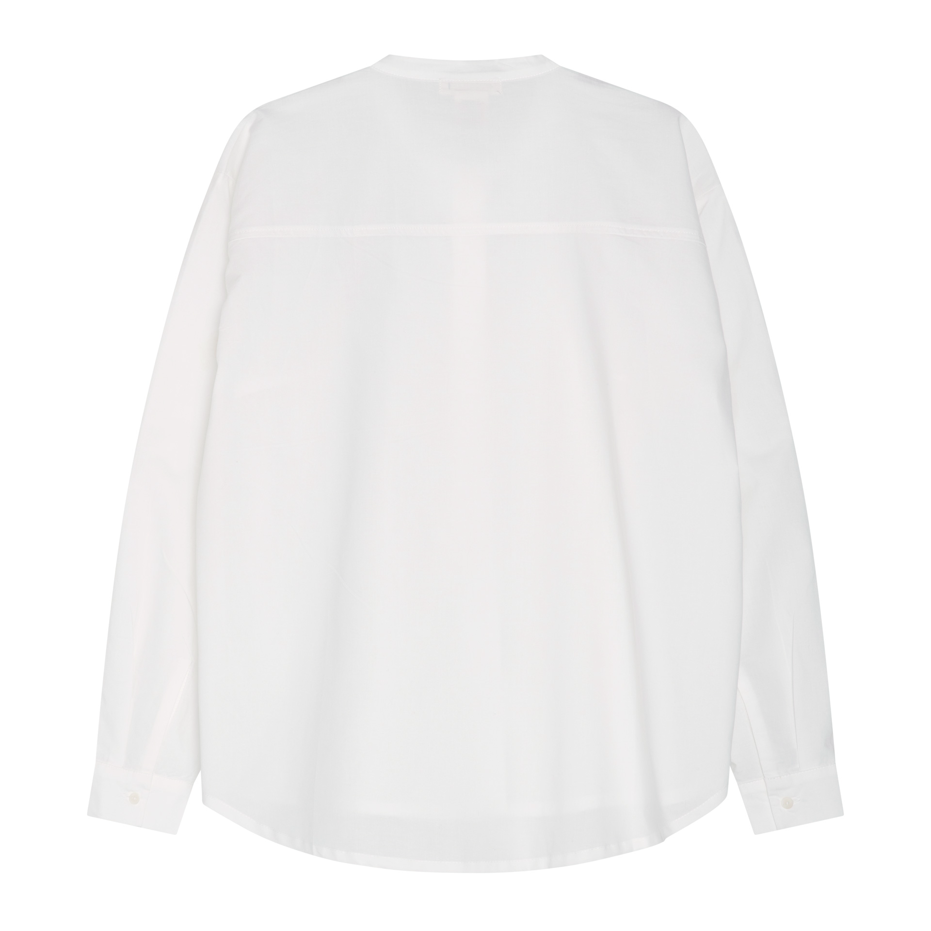 A white long-sleeve blouse shown from the back, featuring a relaxed silhouette, a crew neck, and subtle horizontal seam detailing across the upper back, set against a plain white background.