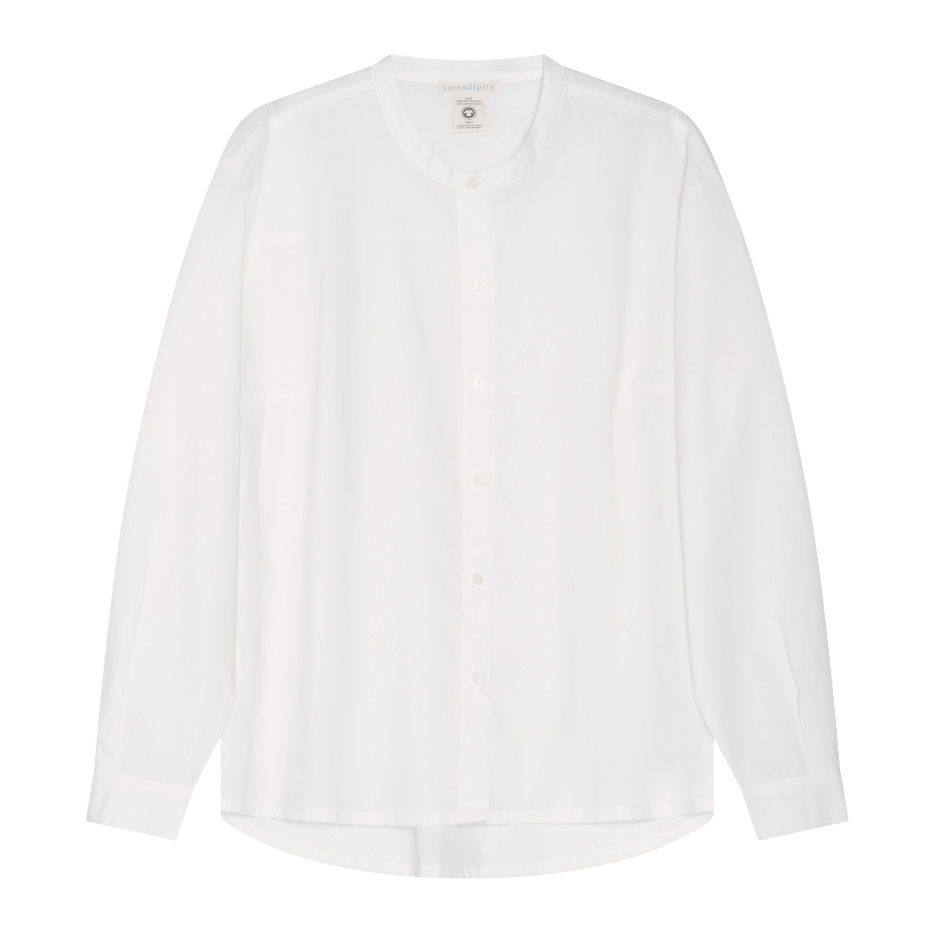 A white long-sleeve button-up shirt with a mock neck, laid flat against a solid white background.