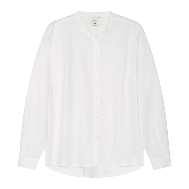 A white long-sleeve button-up shirt with a mock neck, laid flat against a solid white background.