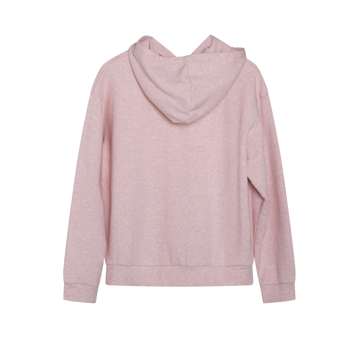 A light pink heathered hoodie shown from the back, featuring a relaxed fit, long sleeves, and ribbed cuffs and hem, displayed against a solid white background.