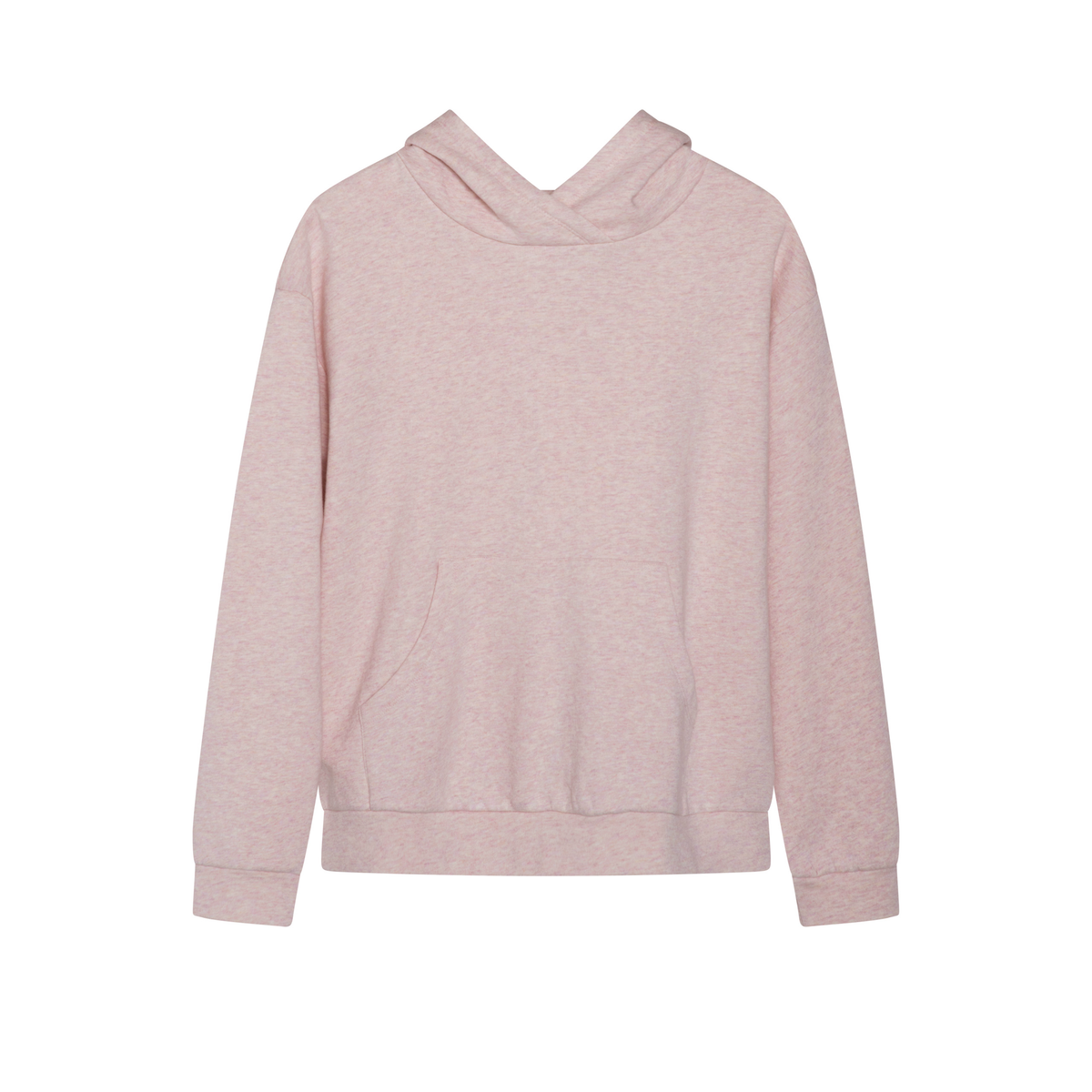 A light pink heathered pullover hoodie with a split V-neck and a front kangaroo pocket, shown against a plain white background.