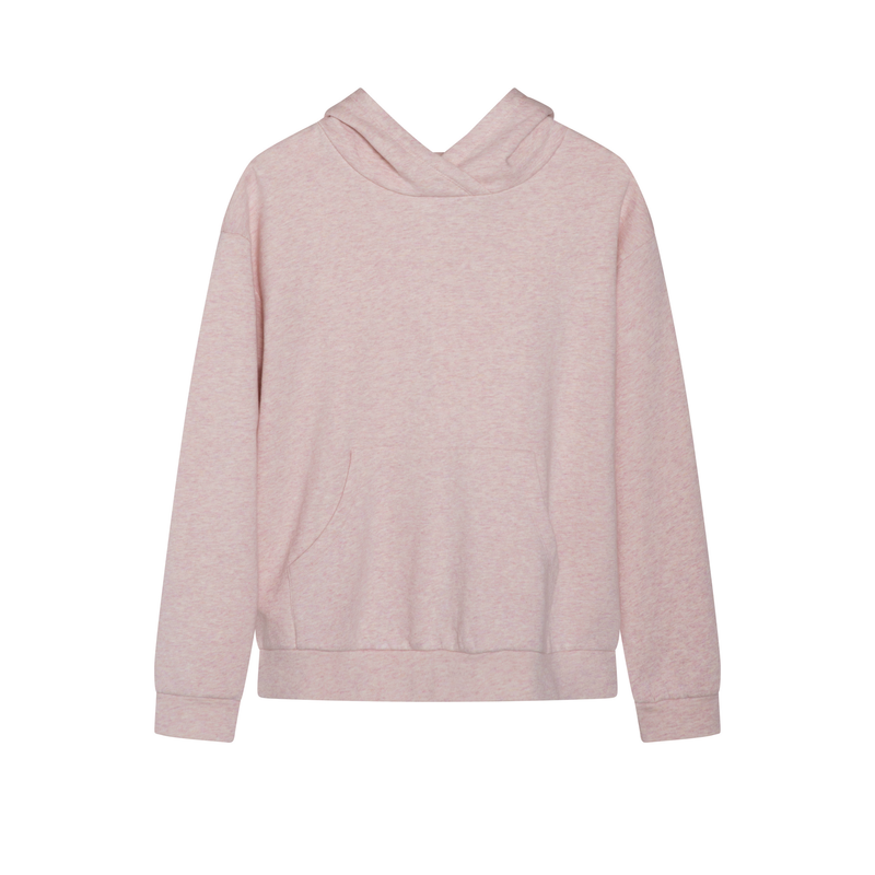 A light pink heathered pullover hoodie with a split V-neck and a front kangaroo pocket, shown against a plain white background.