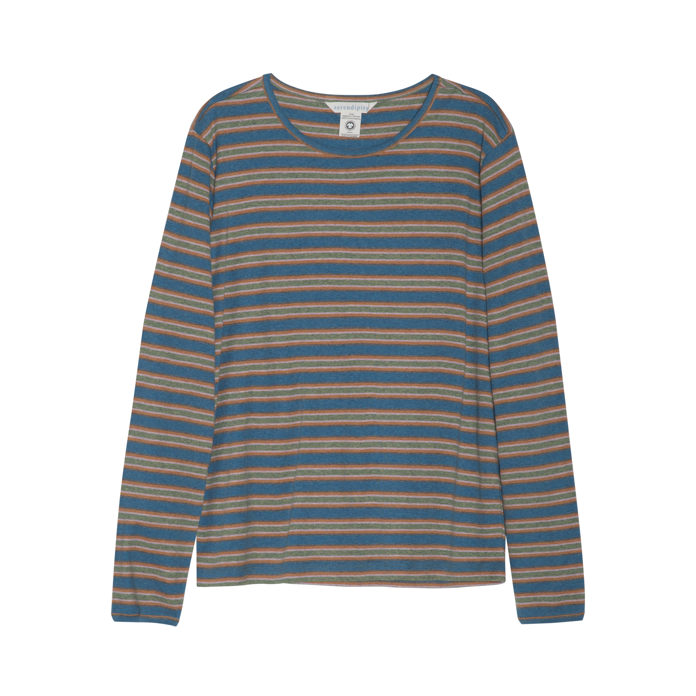 A long-sleeve crewneck knit top with horizontal stripes in slate blue, tan, and light blue, shown flat against a white background.