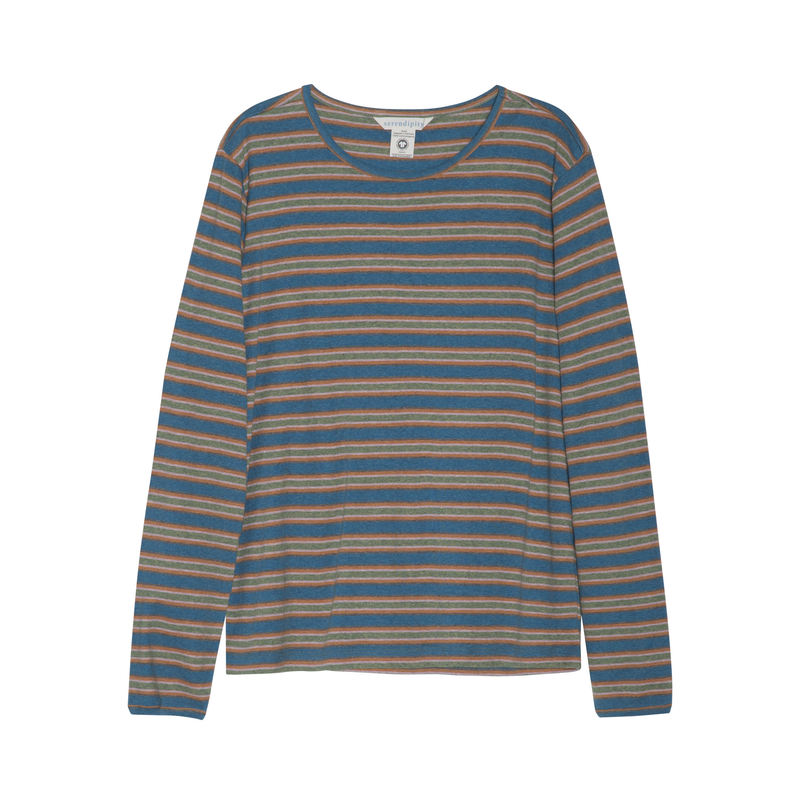 A long-sleeve crewneck knit top with horizontal stripes in slate blue, tan, and light blue, shown flat against a white background.