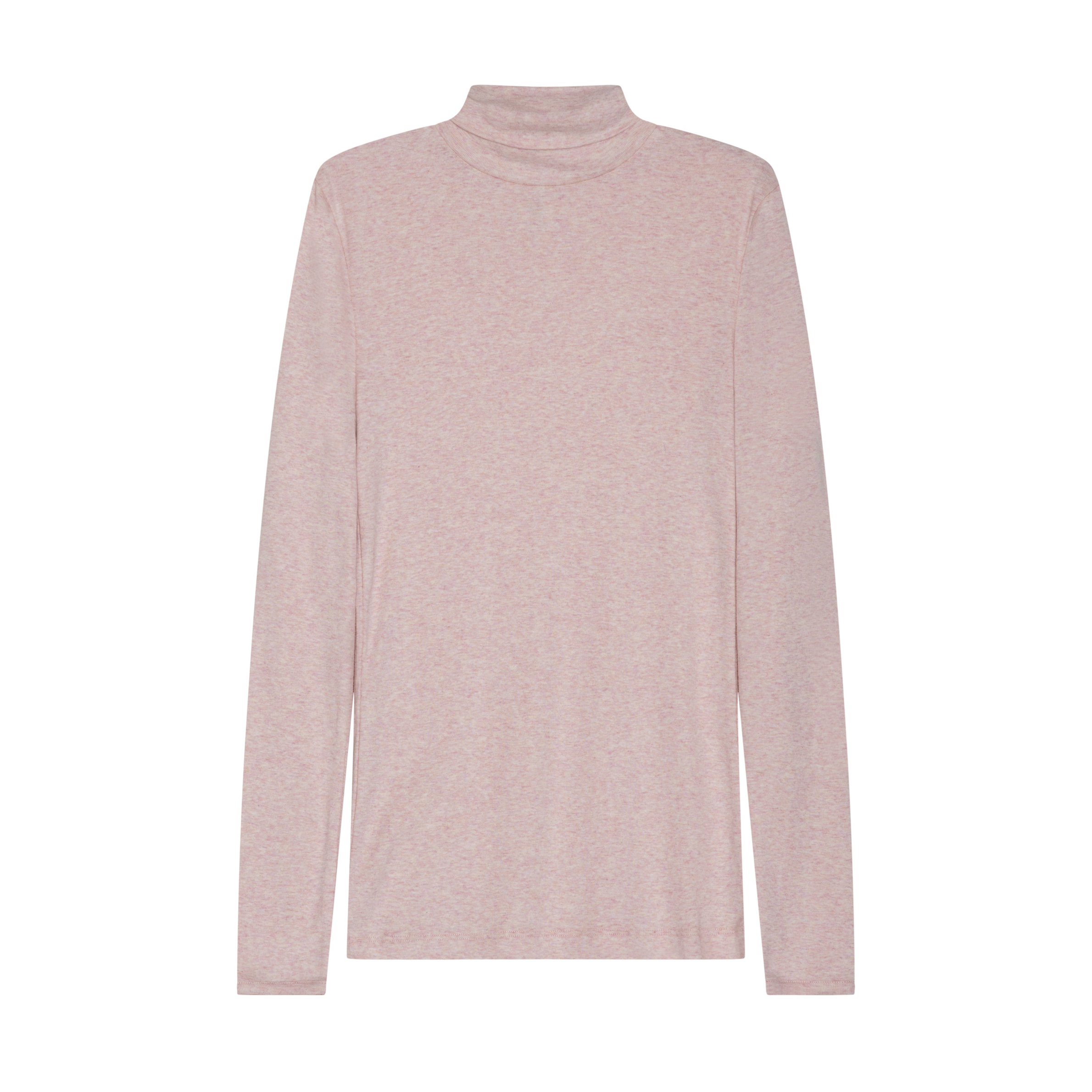 A light pink long-sleeve turtleneck top with a fine heathered texture, displayed against a solid white background.