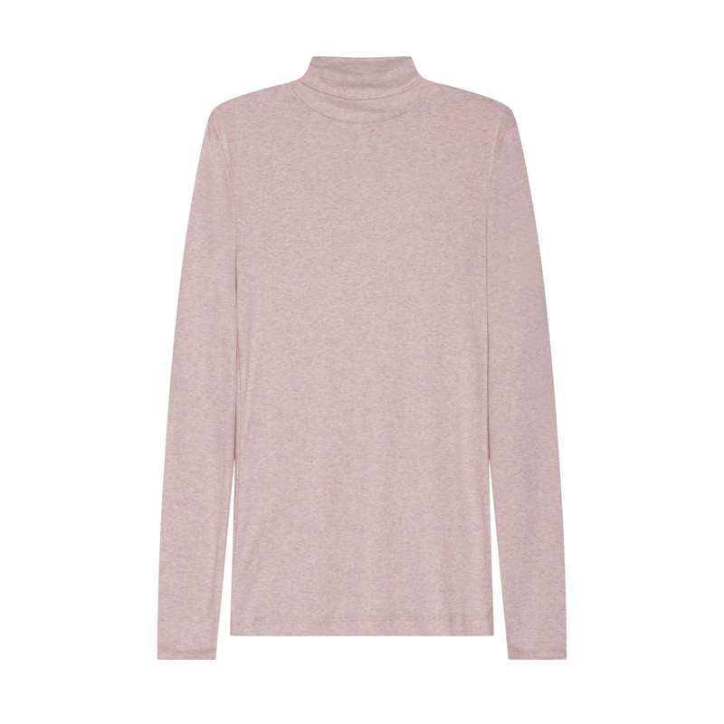 A light pink long-sleeve turtleneck top with a fine heathered texture, displayed against a solid white background.