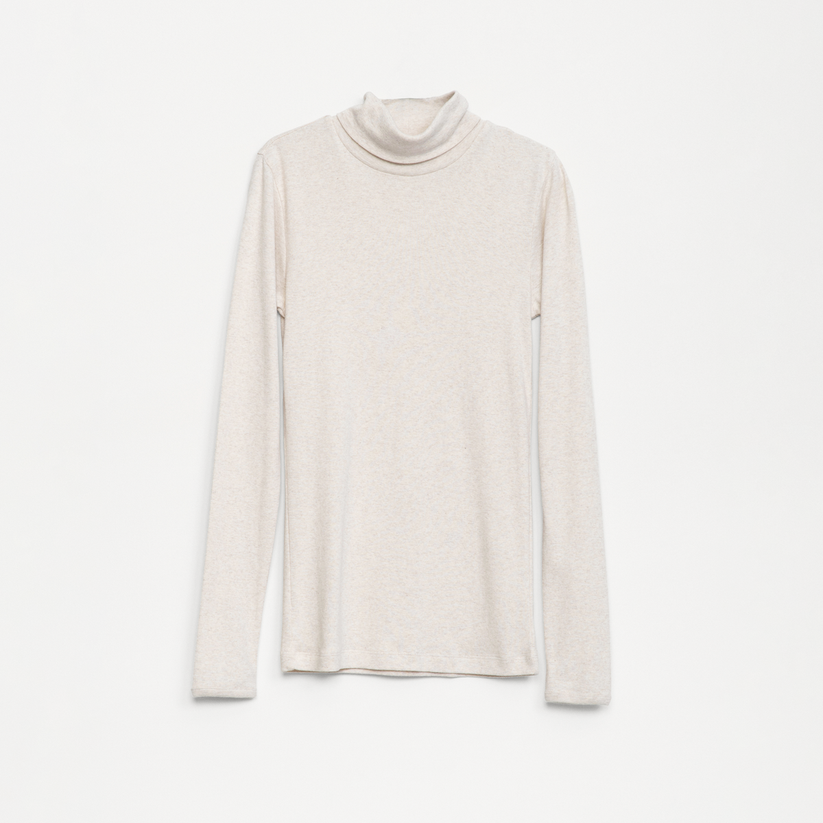A light beige long-sleeve turtleneck sweater displayed flat against a clean white background.