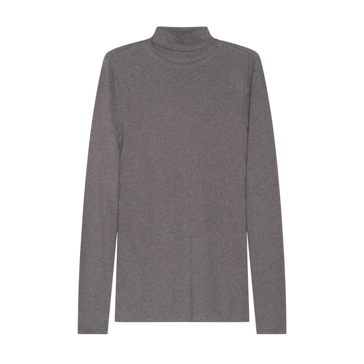 A brown heathered long-sleeve turtleneck displayed flat against a solid white background.
